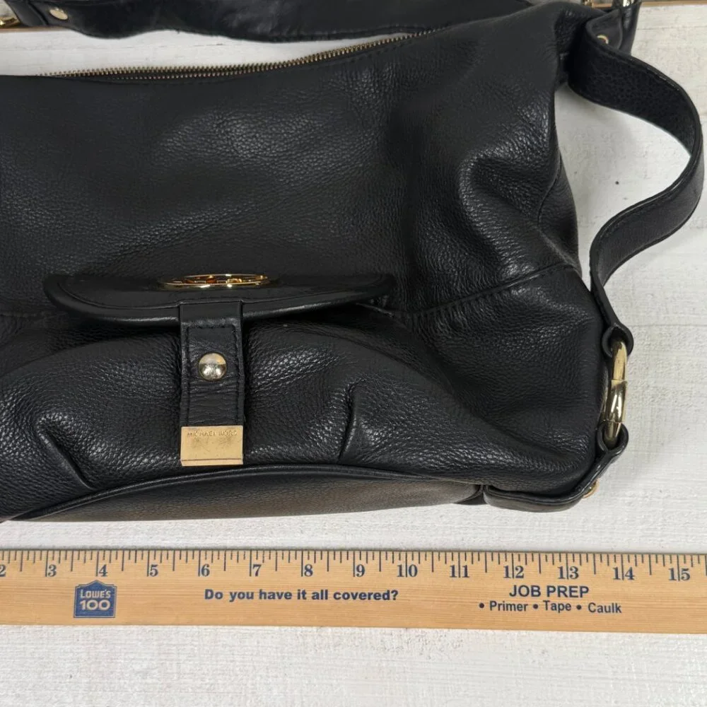 Michael Kors Black Leather Hobo Shoulder Bag Gold MK Logo Zip Top Medium